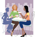 Three ladies sitting at a table talking and drinking coffee.